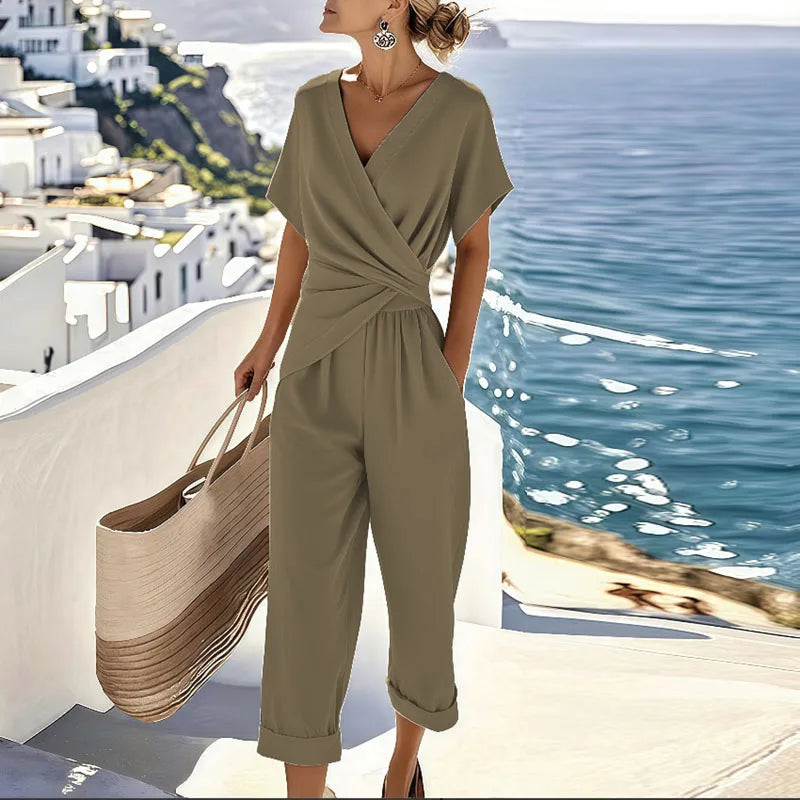 Women's Two-Piece Set | Short-sleeve Wrap-style Top