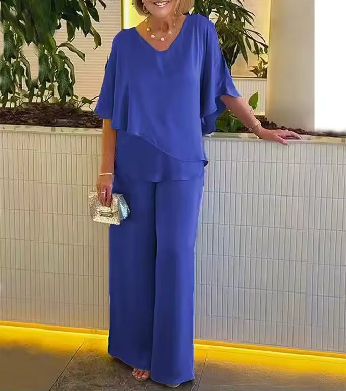 Women's Two-Piece Set  | V-neck Layered Top Structured Waistband