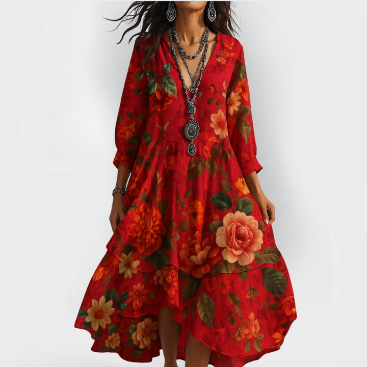 Women's Boho Dress | V-Neck 3/4 Sleeve Floral Midi