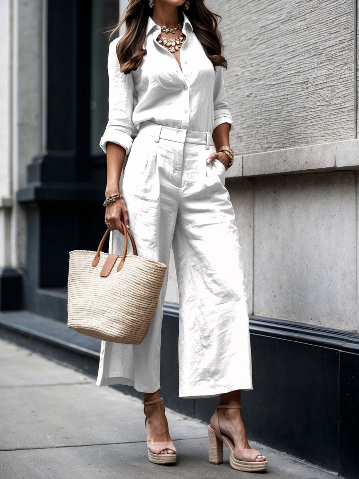 Women's Two-Piece Set  | Button Front Shirt Wide Leg Pants