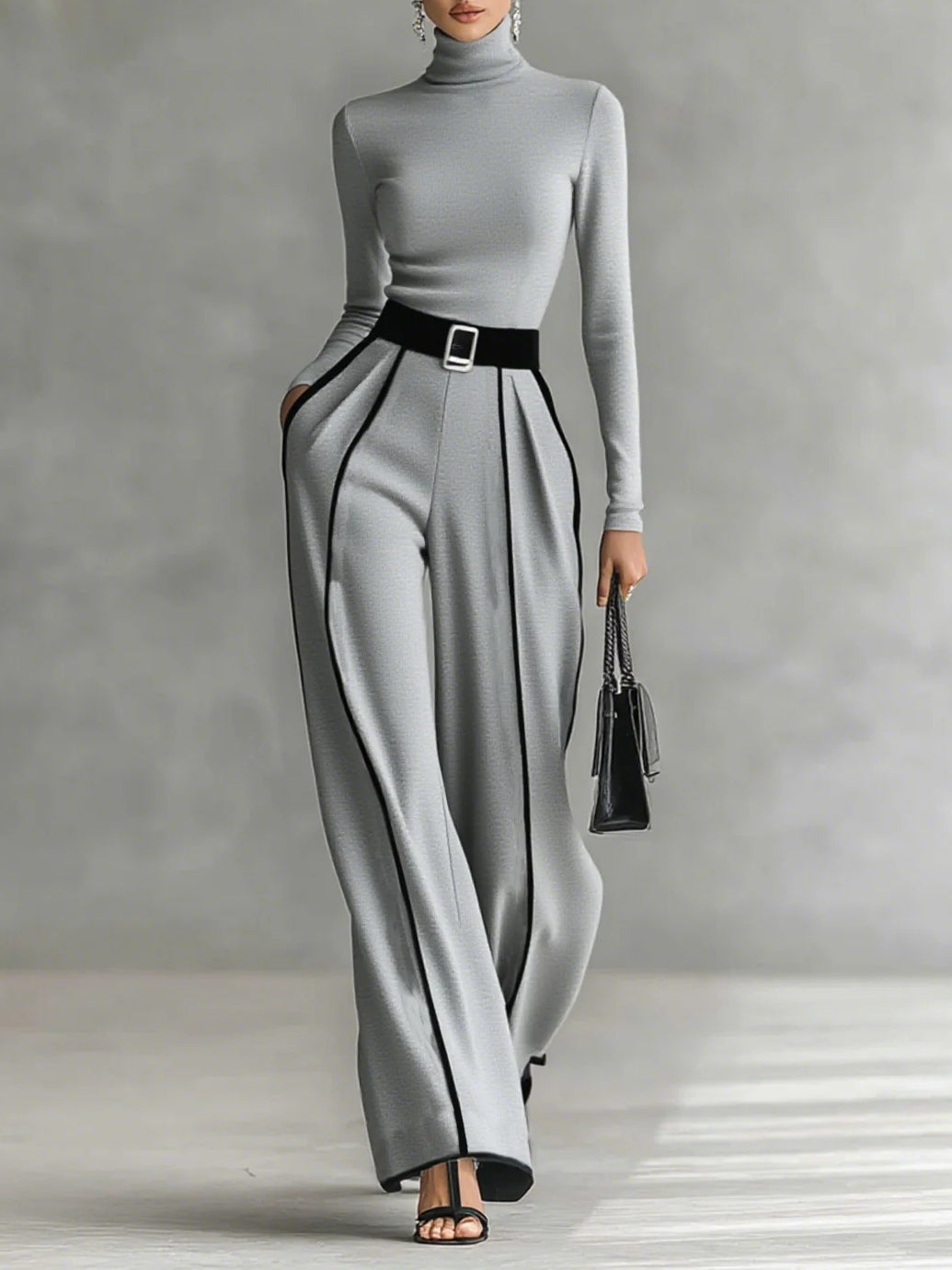Women's Two-Piece Set | High Neckline Top Wide Leg Pants
