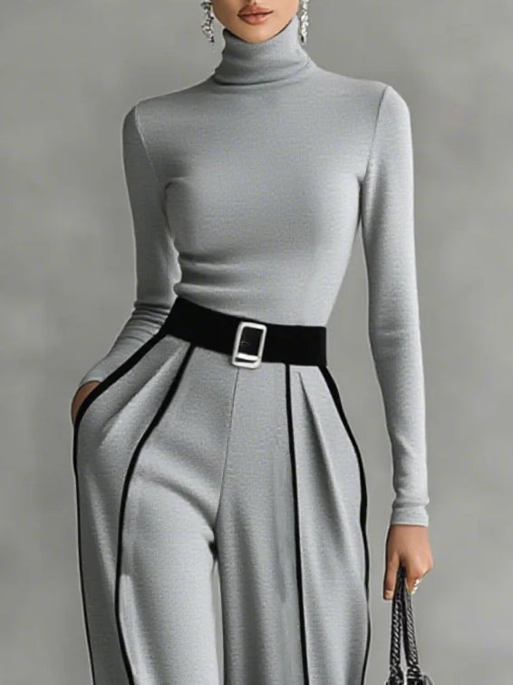 Women's Two-Piece Set | High Neckline Top Wide Leg Pants