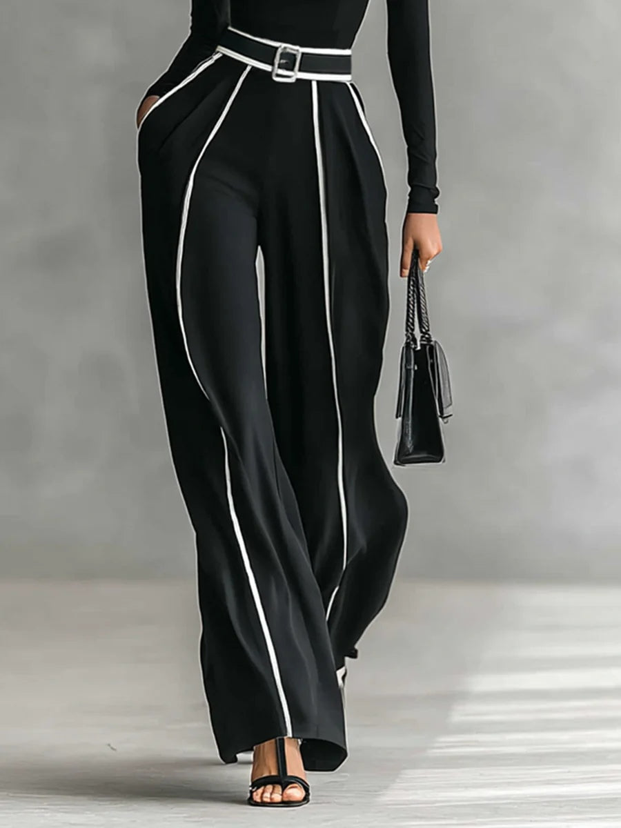 Women's Two-Piece Set | High Neckline Top Wide Leg Pants