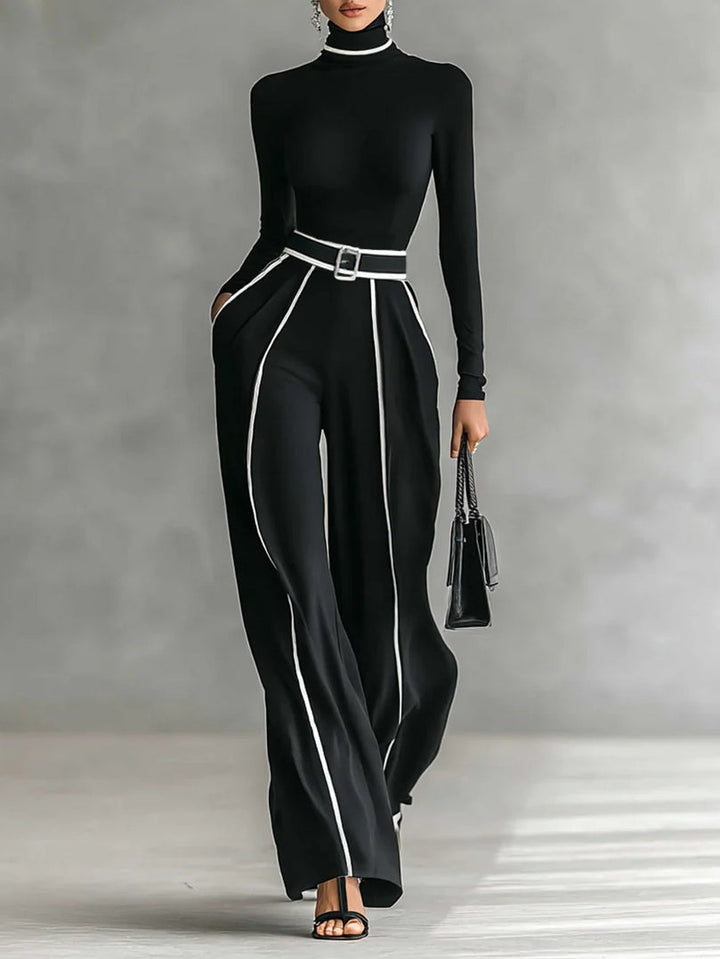 Women's Two-Piece Set | High Neckline Top Wide Leg Pants