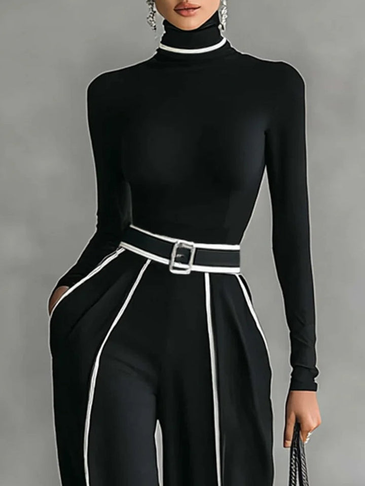Women's Two-Piece Set | High Neckline Top Wide Leg Pants