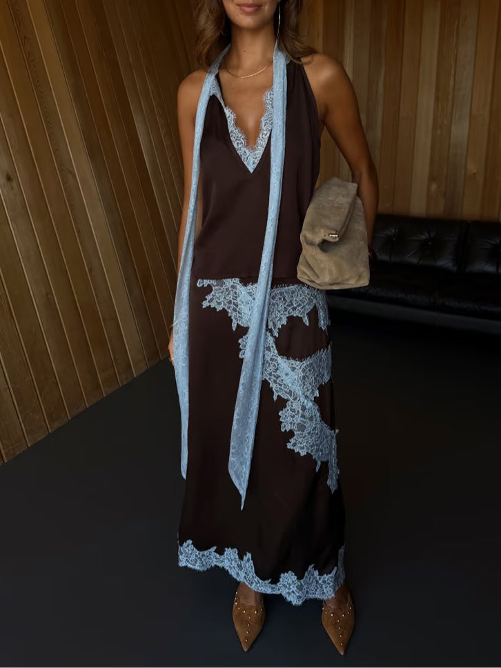 Women's Two-Piece Set | Halter with Scarf and Maxi Skirt