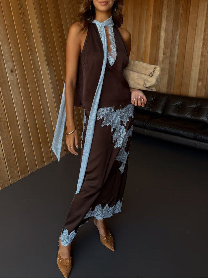 Women's Two-Piece Set | Halter with Scarf and Maxi Skirt