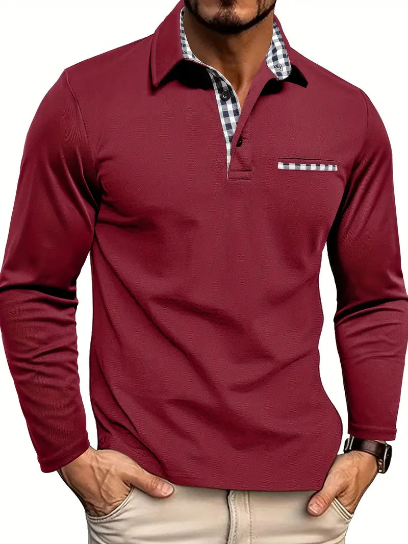 Men’s Long Sleeve Polo Shirt | Contrast Collar Pocket