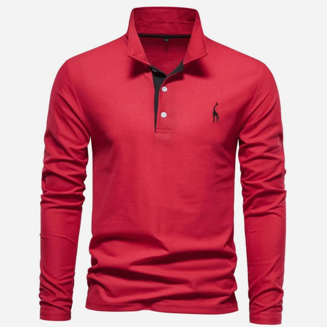 Angus | Men's Long-Sleeve Slim-Fit Button Polo Shirt with Giraffe Embroidery