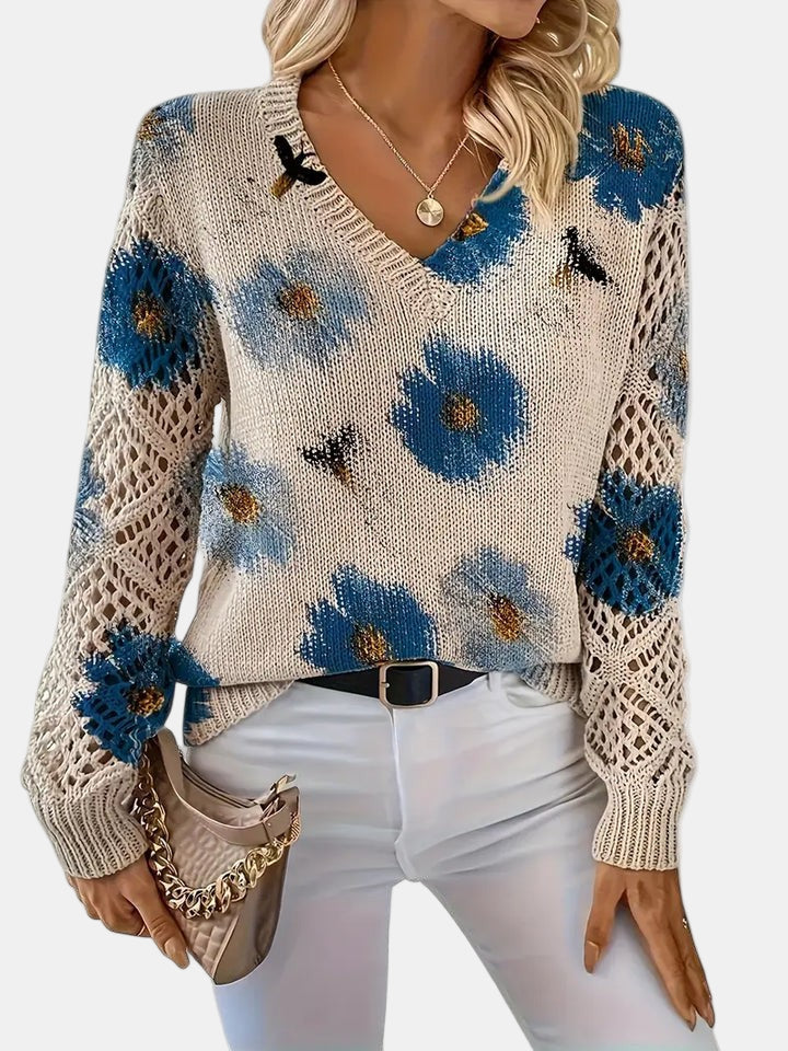 Women's Sweater | V-neck Silhouette Floral knit Pattern