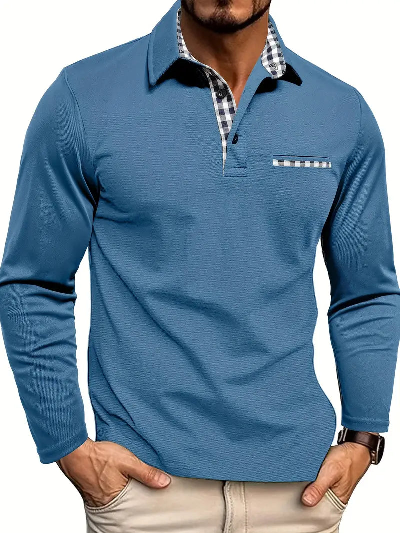 Men’s Long Sleeve Polo Shirt | Contrast Collar Pocket