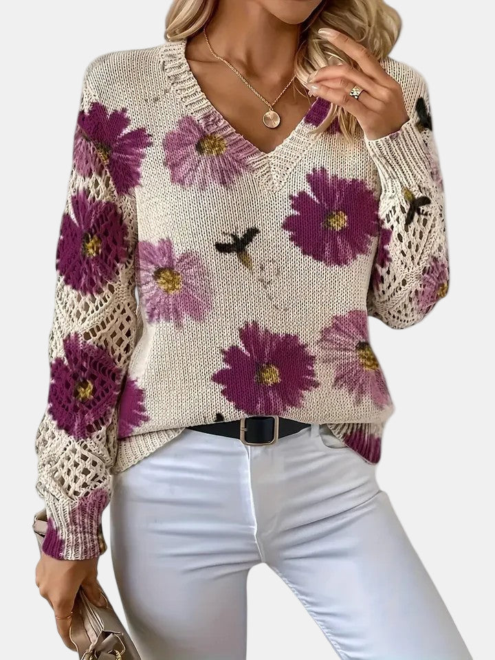 Women's Sweater | V-neck Silhouette Floral knit Pattern