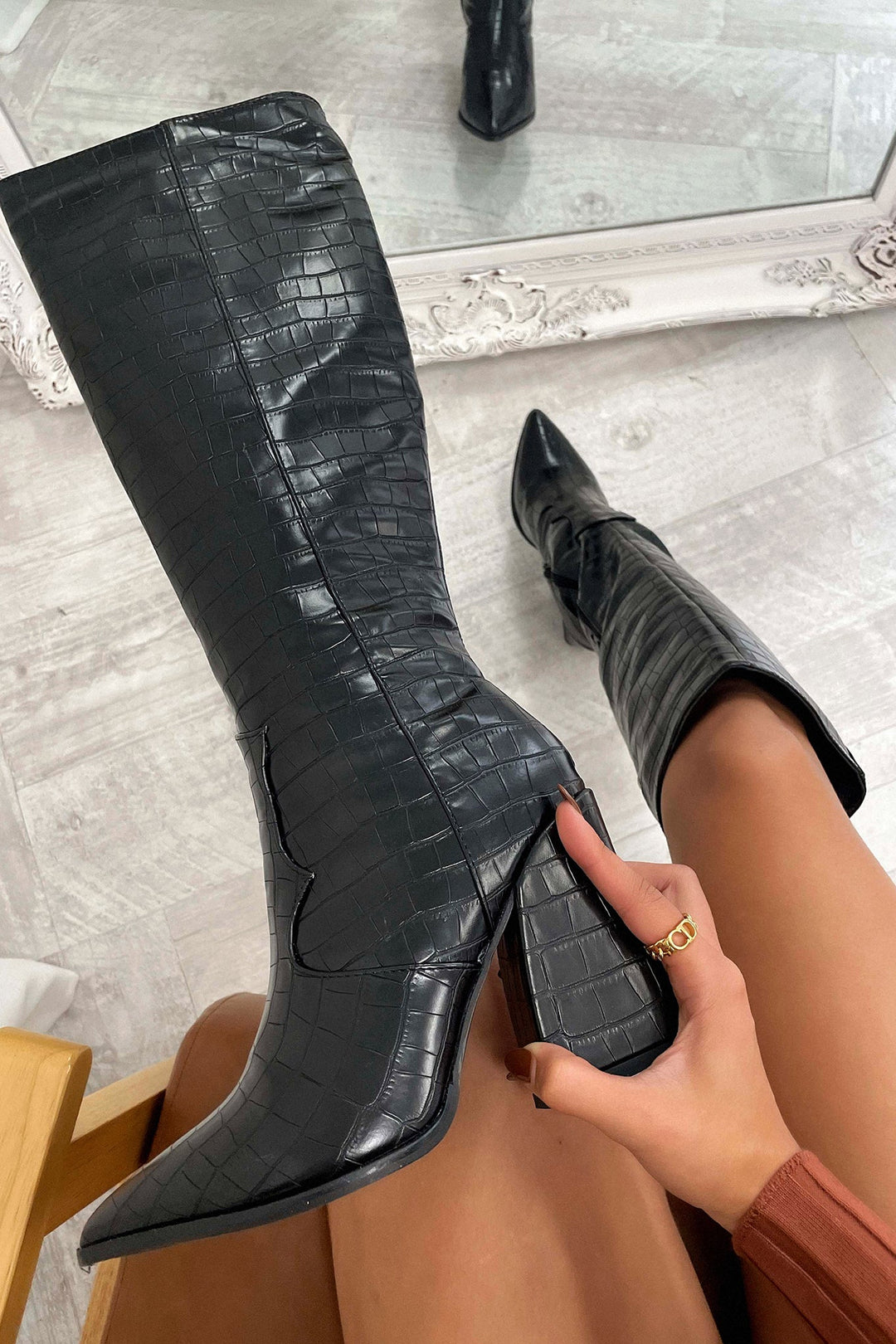 Boots For Women | Croc Pattern Knee-High