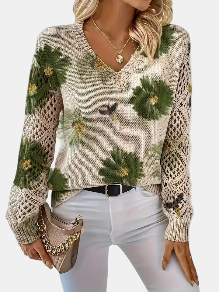 Women's Sweater | V-neck Silhouette Floral knit Pattern