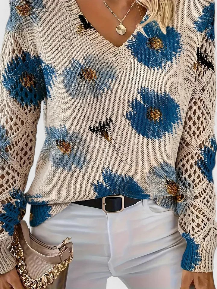 Women's Sweater | V-neck Silhouette Floral knit Pattern