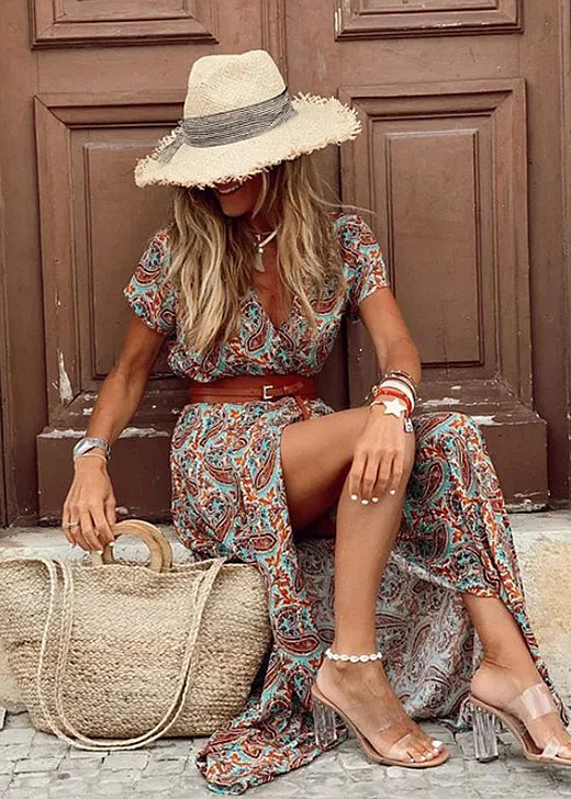 Women’s Dress | V-Neck Boho Inspired Pattern Maxi