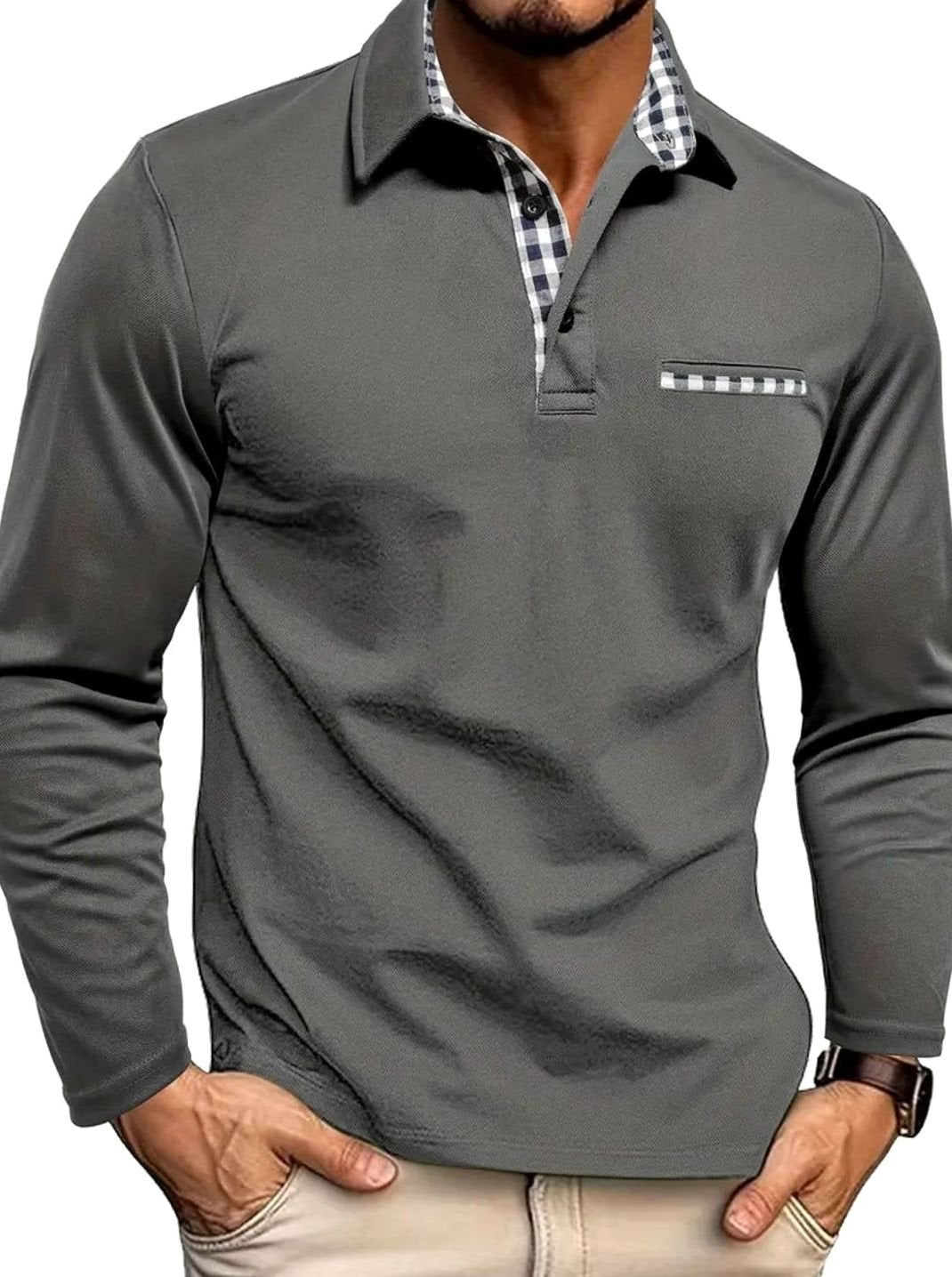 Leroy | Men's Long-Sleeve Polo Shirt with Classic Plaid Collar