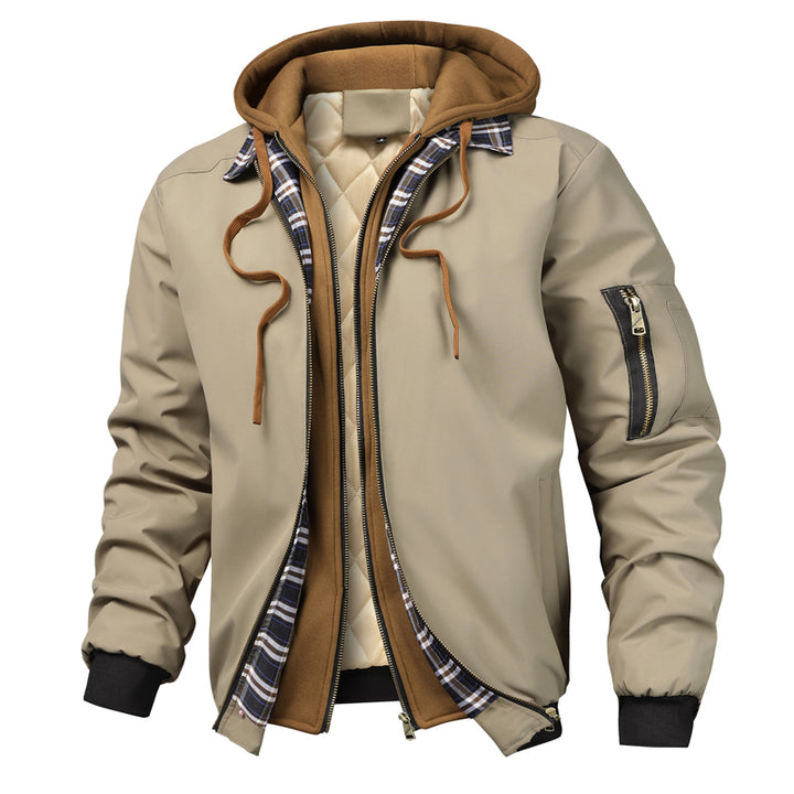 Men's Hooded Jacket | Quilted Lining Layered Look – Khaki