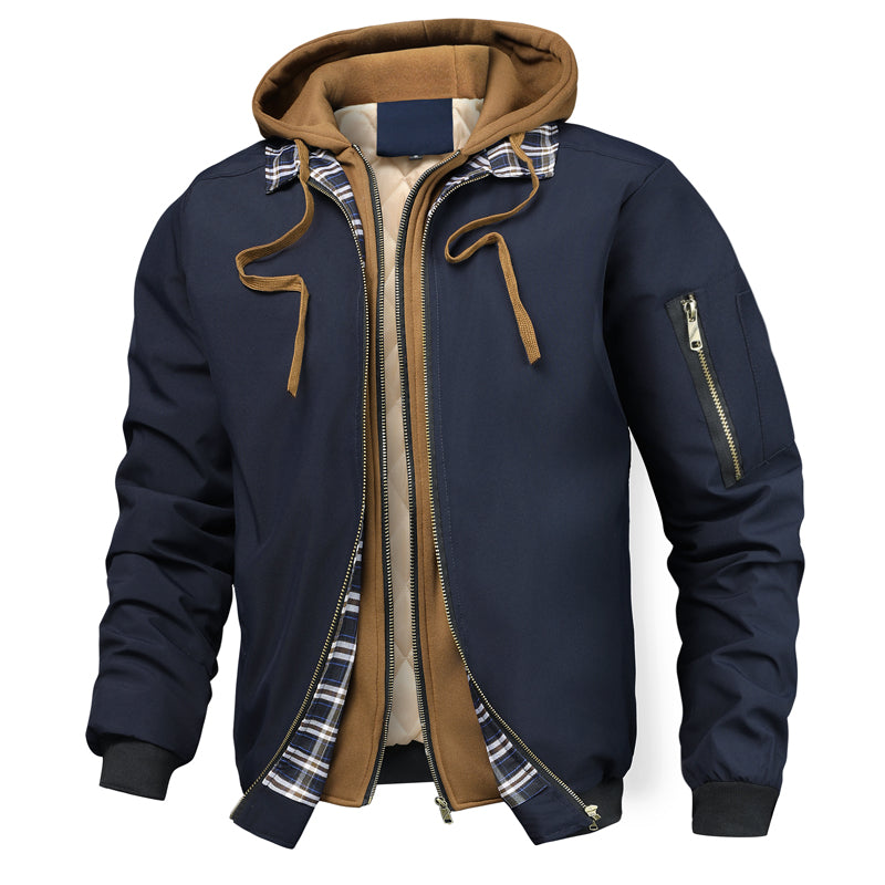 Men's Hooded Jacket | Quilted Lining Layered Look – Navy