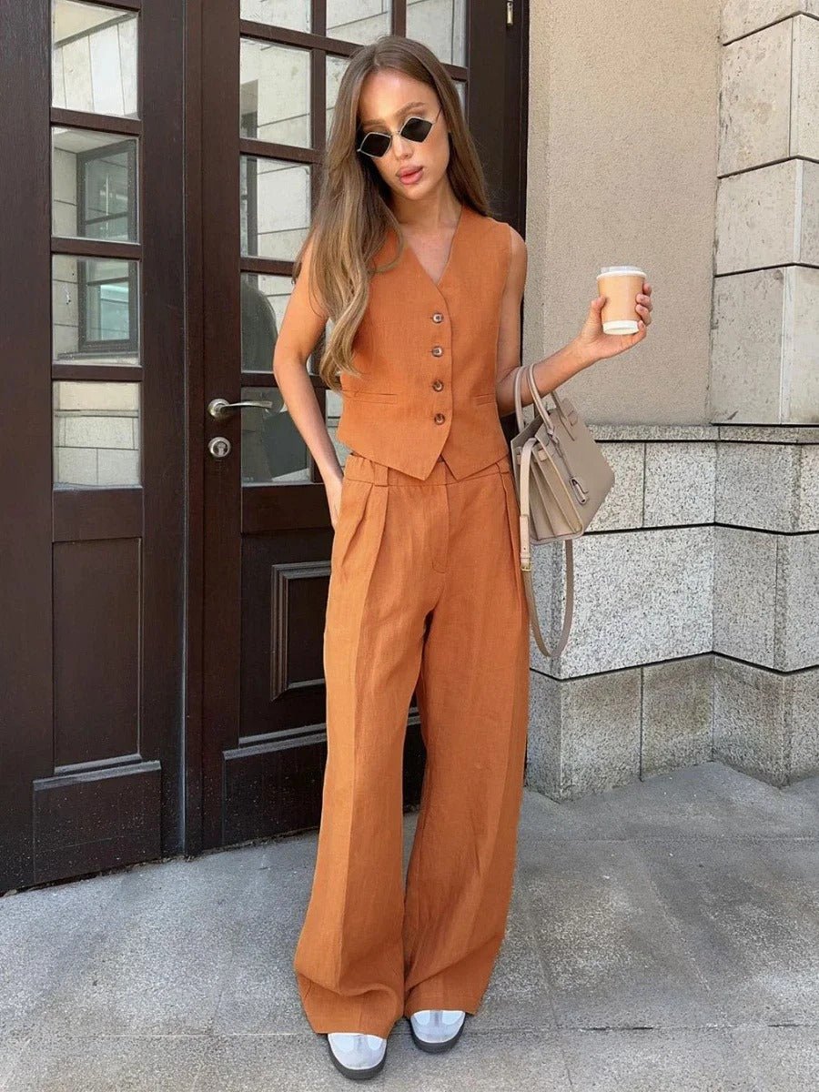 Women's Two-Piece Set | V-neckline Vest High-rise Waist Pants