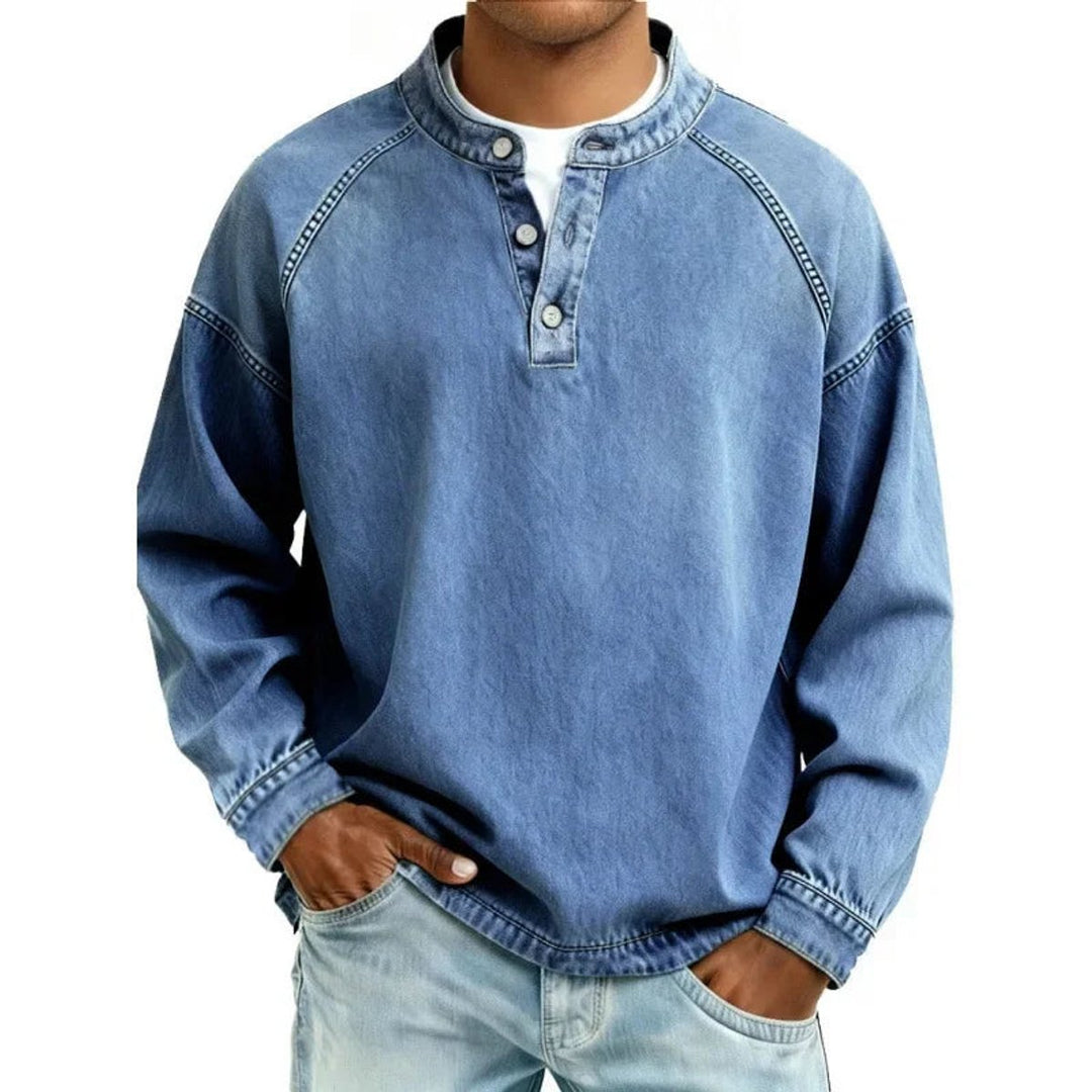Ransom | Men's Vintage-Wash Denim-Look Henley Pullover Sweatshirt