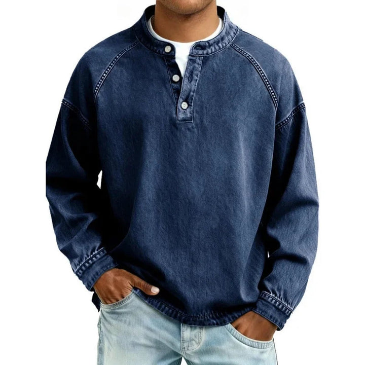 Ransom | Men's Vintage-Wash Denim-Look Henley Pullover Sweatshirt
