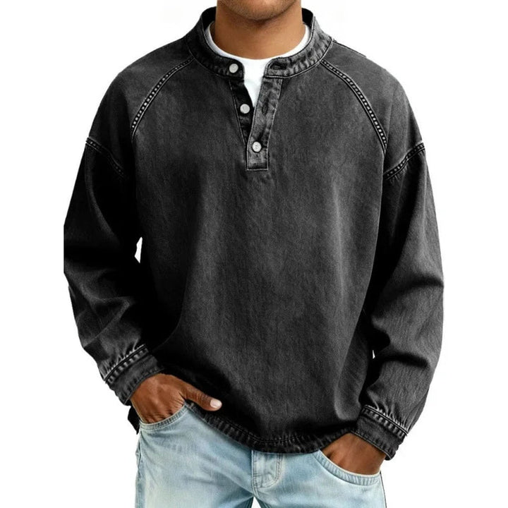 Ransom | Men's Vintage-Wash Denim-Look Henley Pullover Sweatshirt