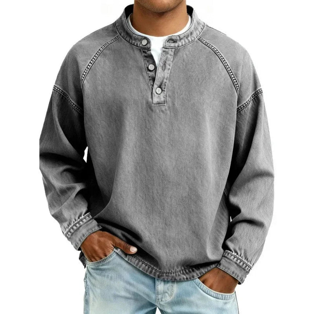 Ransom | Men's Vintage-Wash Denim-Look Henley Pullover Sweatshirt