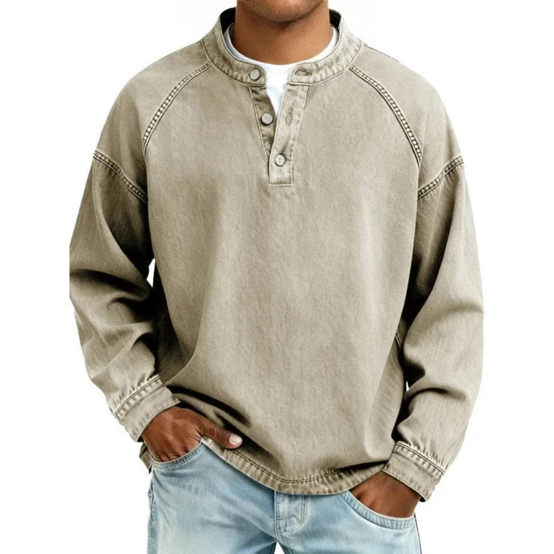 Ransom | Men's Vintage-Wash Denim-Look Henley Pullover Sweatshirt