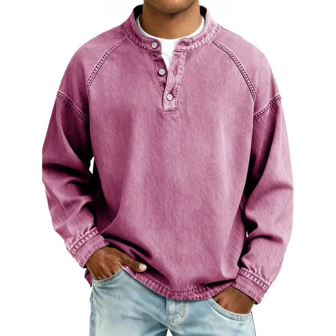 Ransom | Men's Vintage-Wash Denim-Look Henley Pullover Sweatshirt