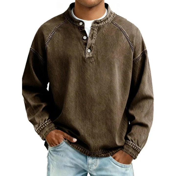 Ransom | Men's Vintage-Wash Denim-Look Henley Pullover Sweatshirt