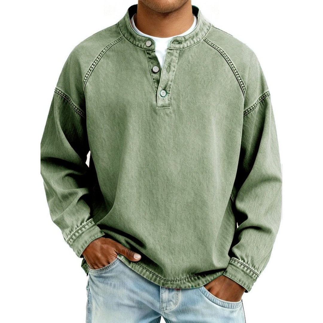 Ransom | Men's Vintage-Wash Denim-Look Henley Pullover Sweatshirt