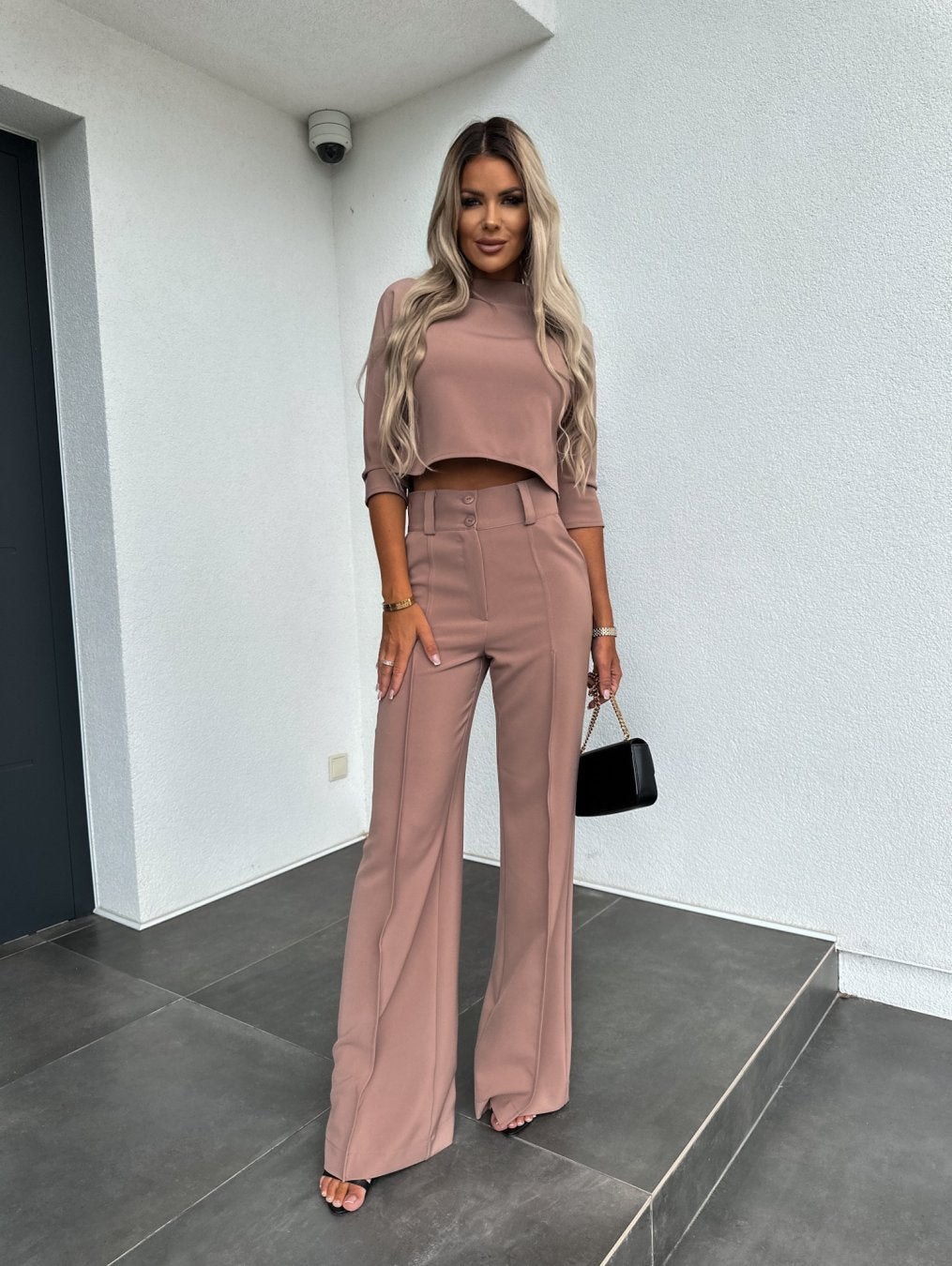 Women's Two-Piece Lounge Set | Round Neck Top Flare Pants