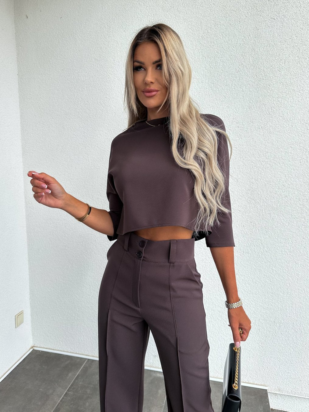 Women's Two-Piece Lounge Set | Round Neck Top Flare Pants