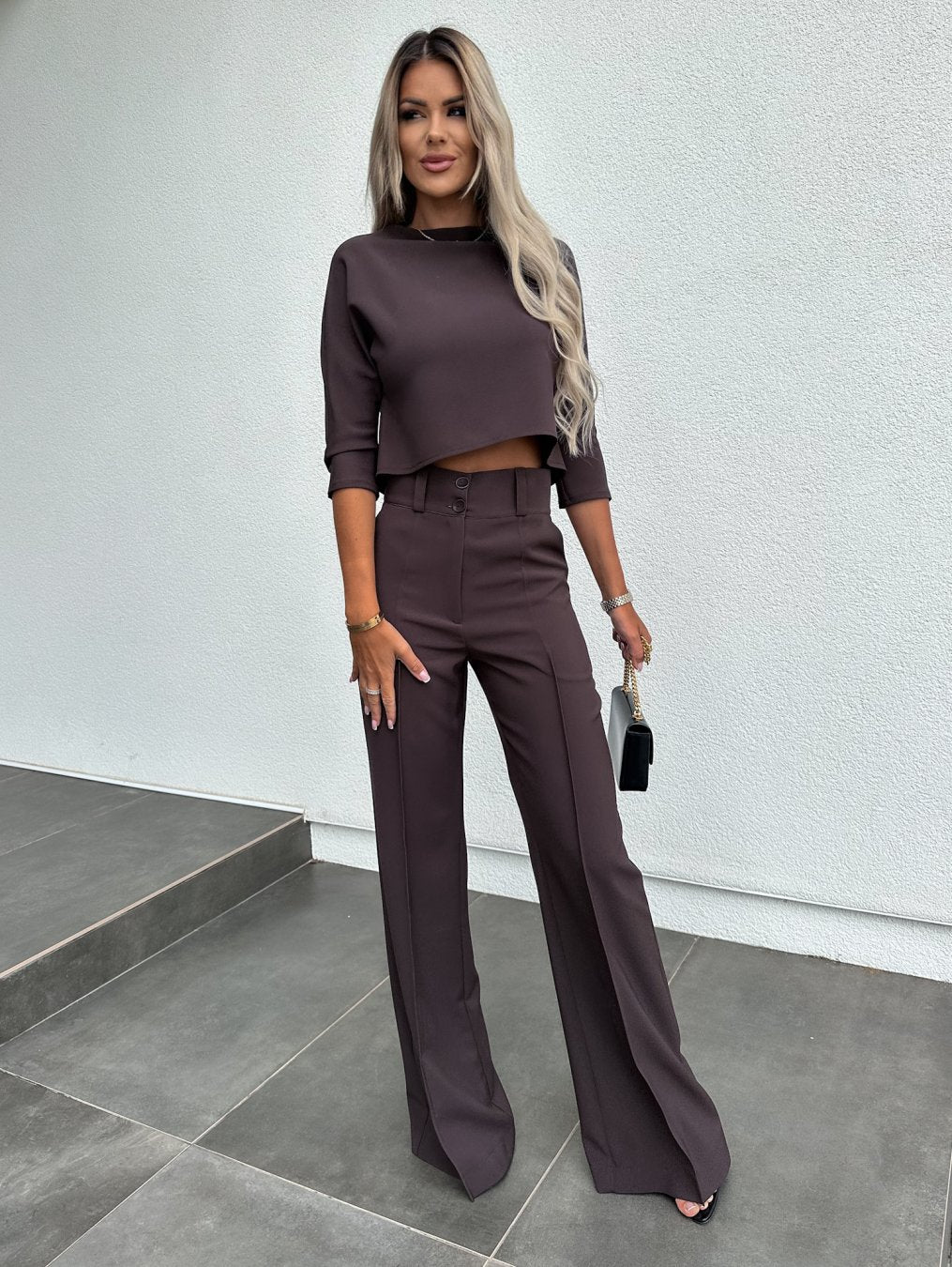 Women's Two-Piece Lounge Set | Round Neck Top Flare Pants