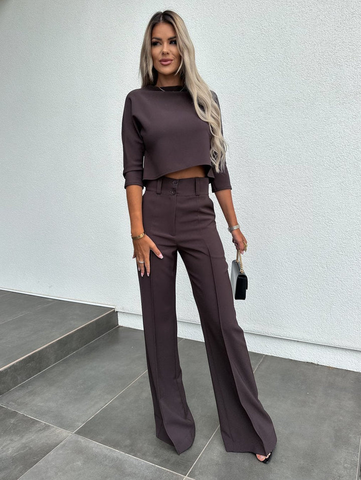 Women's Two-Piece Lounge Set | Round Neck Top Flare Pants