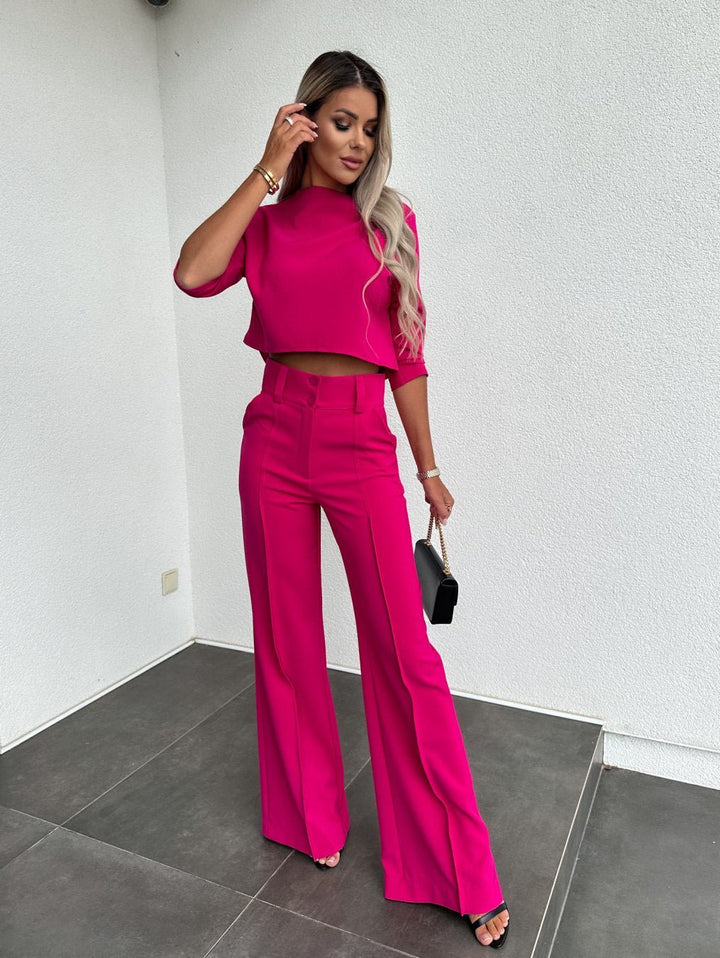 Women's Two-Piece Lounge Set | Round Neck Top Flare Pants