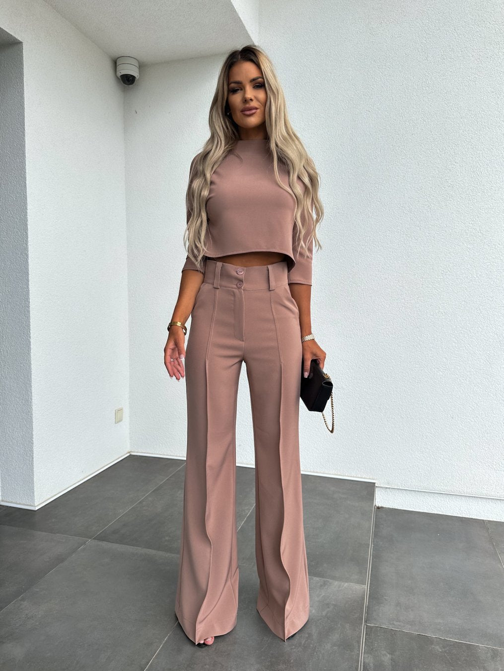 Women's Two-Piece Lounge Set | Round Neck Top Flare Pants
