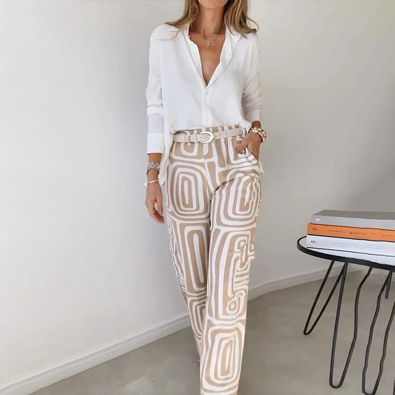 Women's Two-Piece Set | Button-Front Shirt Straight-Leg Pants
