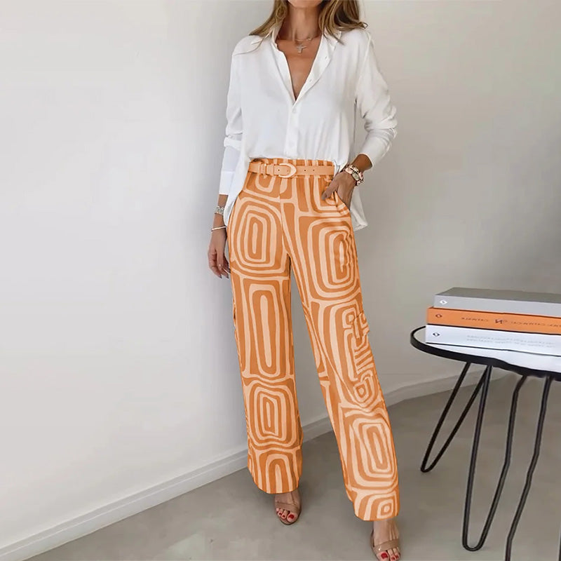Women's Two-Piece Set | Button-Front Shirt Straight-Leg Pants
