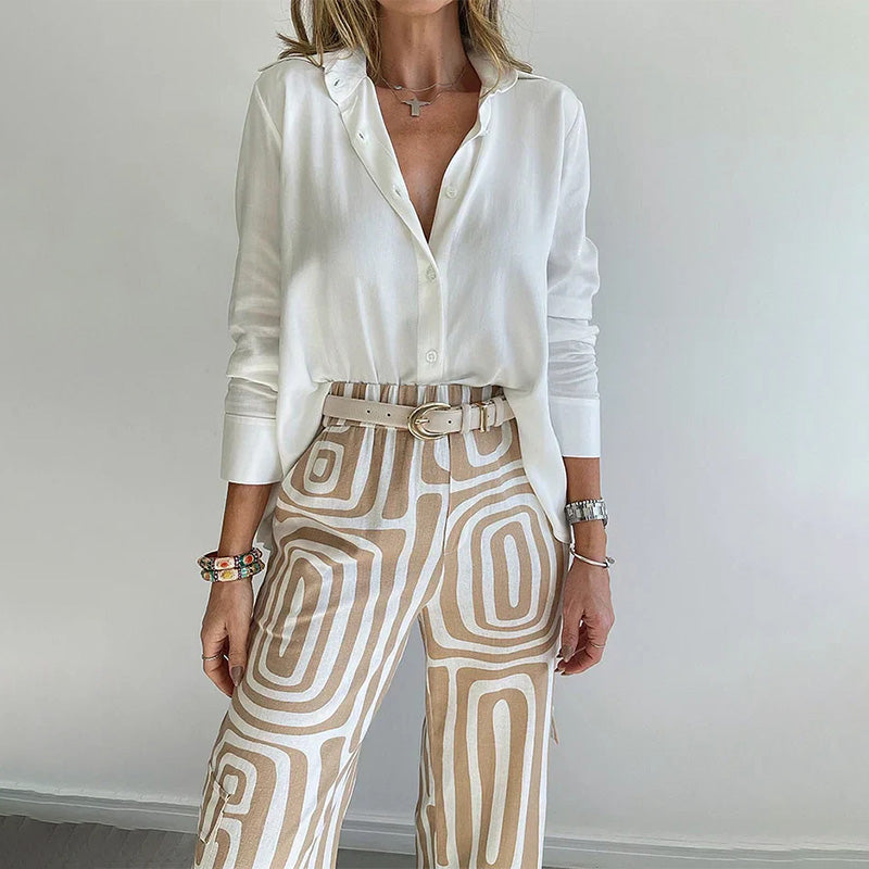 Women's Two-Piece Set | Button-Front Shirt Straight-Leg Pants