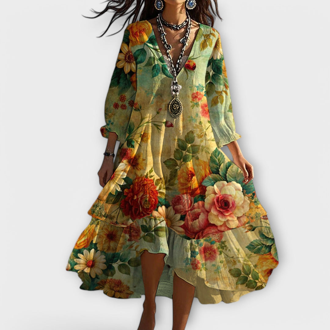 3 4 sleeve boho dress Uscallm Women Plus Size V Neck 3/4 Sleeve Maxi Dress Layered Flowy Boho Casual Solid A-Line Long Vacation Dresses, Blue 4XL, Women's