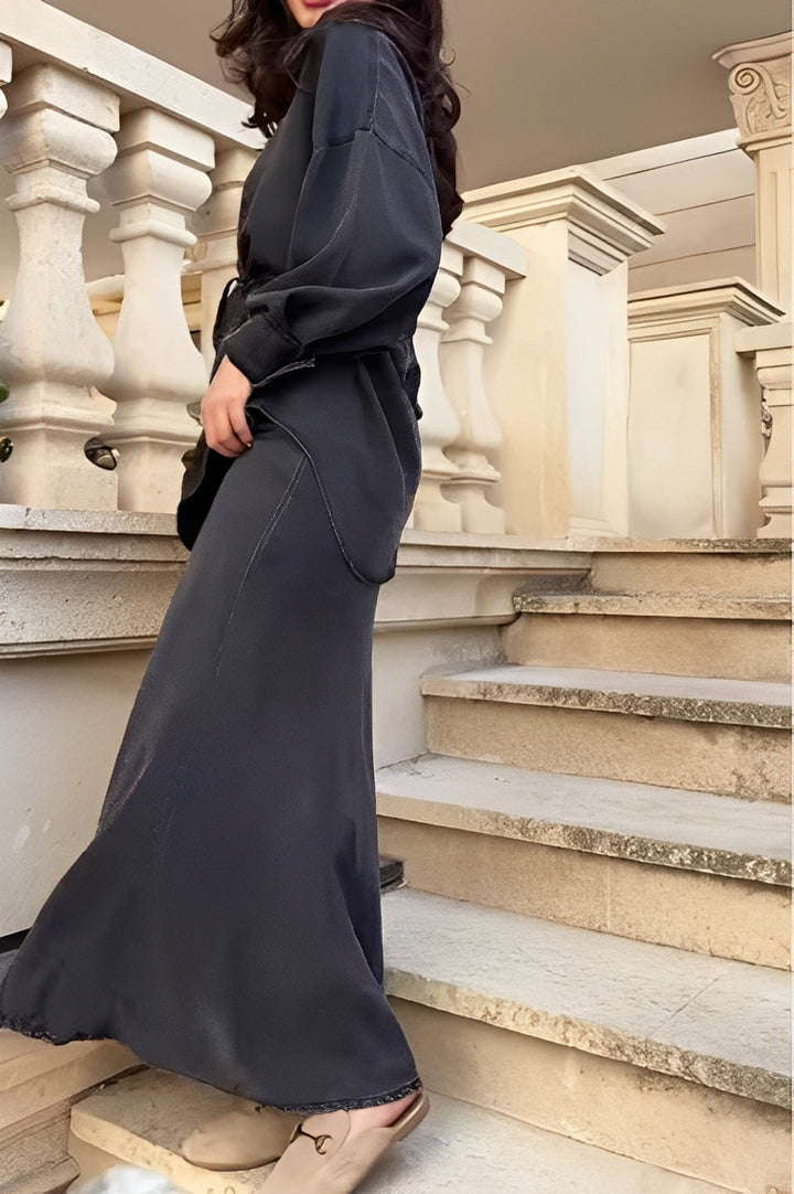 Women's Two-Piece Set | Collared Neckline Maxi Skirt