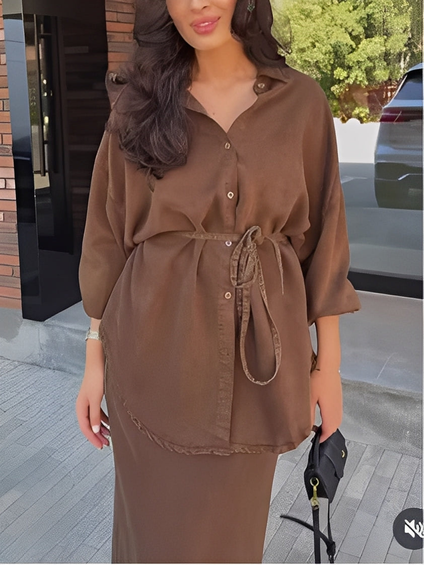 Women's Two-Piece Set | Collared Neckline Maxi Skirt