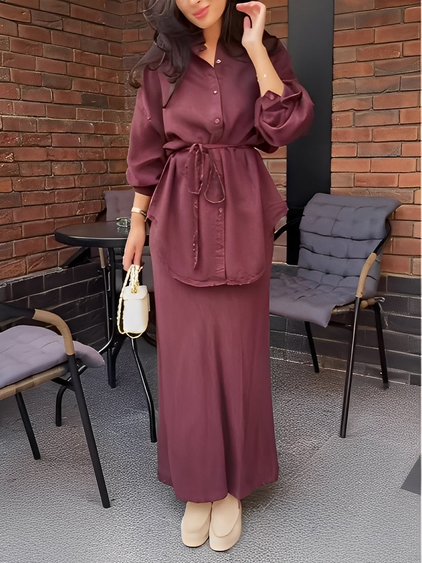 Women's Two-Piece Set | Collared Neckline Maxi Skirt