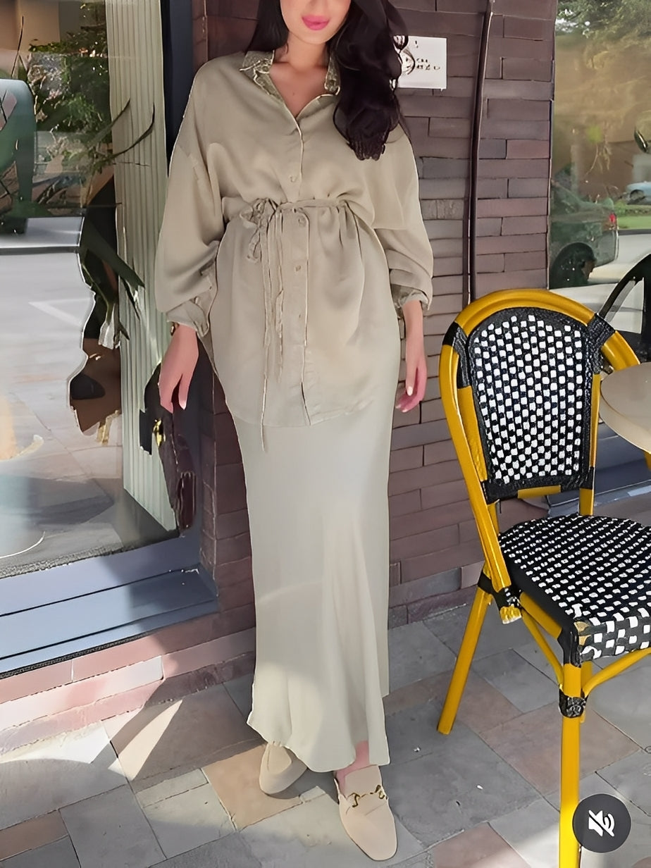 Women's Two-Piece Set | Collared Neckline Maxi Skirt