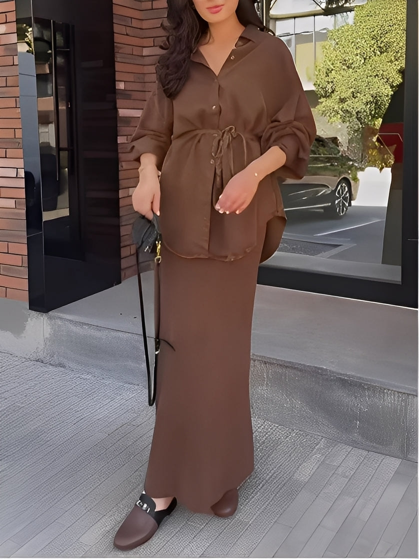 Women's Two-Piece Set | Collared Neckline Maxi Skirt